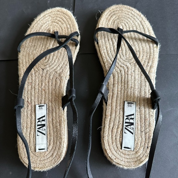 Zara black leather tie up sandal with jute sole - Picture 1 of 6